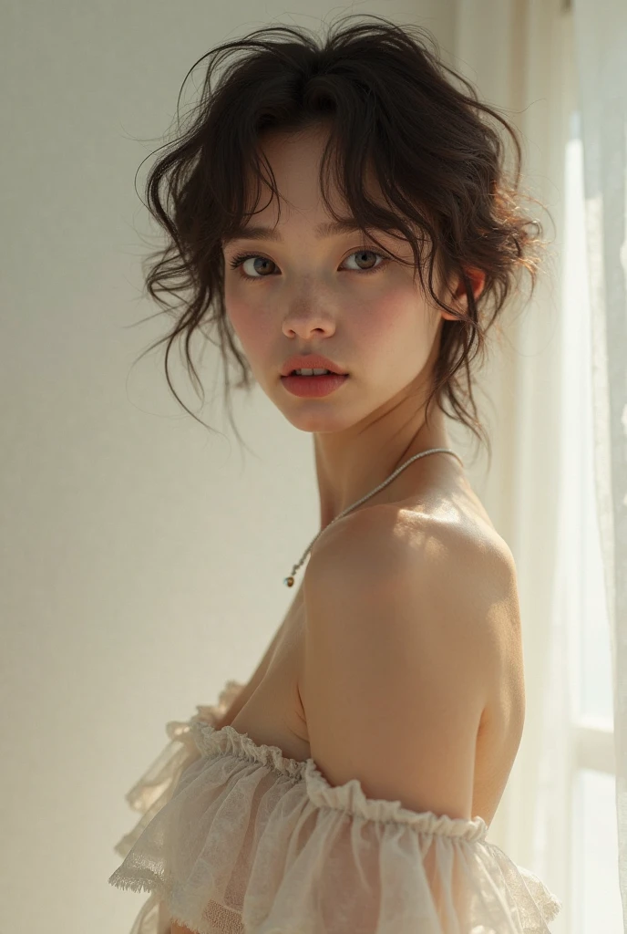 Best quality, masterpiece, ultra high res, (photorealistic:1.4), raw photo, 1girl, offshoulder, in the dark, deep shadow, low key, cold light, short hair, show armpit
