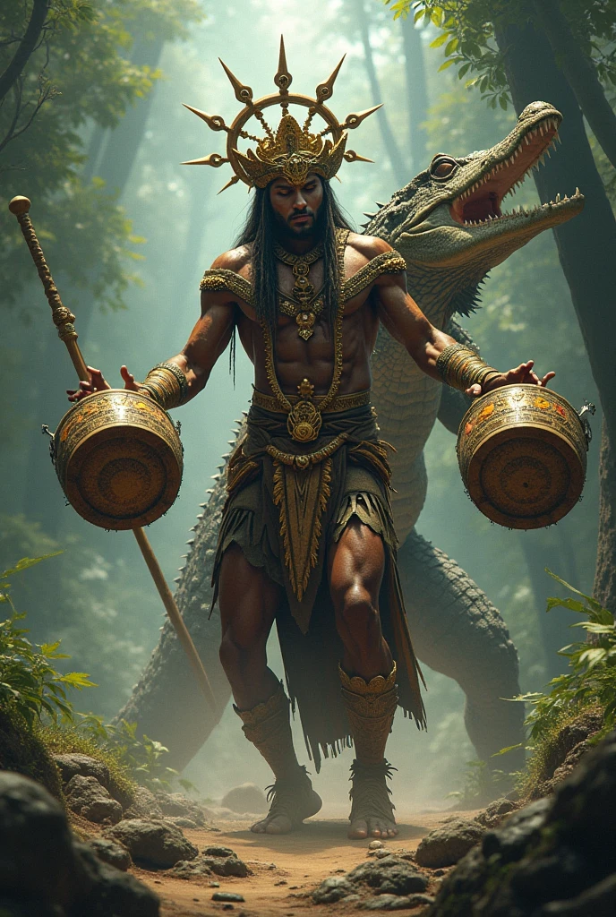 A highly realistic panoramic sunlight image of Tarzan fighting with an Alligator in the water. Jane looks on anxiously with a spear in her hand to come to the rescue., Both are half-naked dressed in the short loincloth of a primeval man, both standing dripping with water in the crashing waters of a very high waterfall half surrounded by big jungle trees in 70000000 BC, HD photography, ultra-realistic, King Tut, 4k, hyper-realistic, sharp texture, color