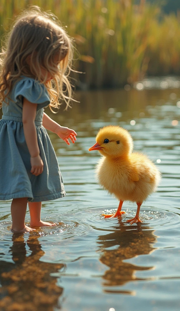 A cute baby girl from Ukraine with brownish red hair with a cute smile sitting in a farm surrounded by 20 baby ducks - add some retro element to the picture