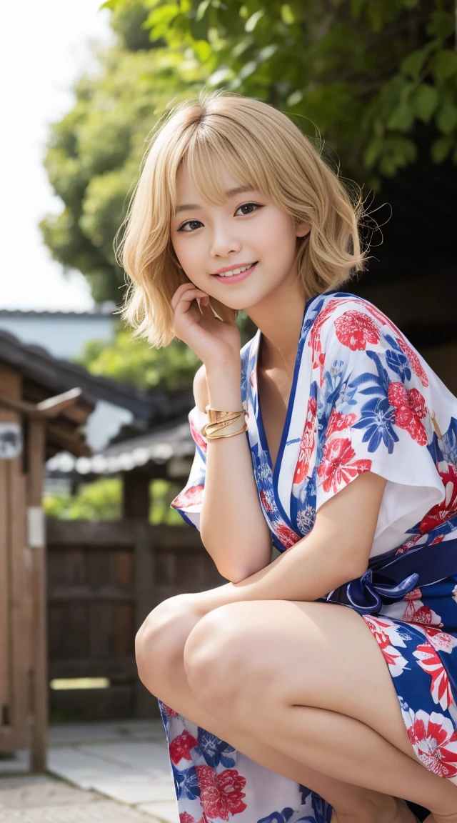 flying debris、highest quality、An illustration、highest quality、Understood、High resolution、8k wallpaper、Perfect dynamic composition、(((Ezvian Everywhere)))、((From below))、Beautiful and cute 20 year old girl、Beautiful face in every detail、Delicate and cute eyes、Fine skin、Red cheeks.、shy、(Semi-short hair:1.3)、(wavy blonde hair)、Small breasts、Bold sexy pose、smile、Small breasts、Between the legs、Small Ass、Thin ass、Generate it on the eaves.、Narrow shoulders、wavy blonde hair、blonde、Heart-shaped earrings、smile、、Gold bracelet、garden、So you can see all the way to your feet、Summer festival、In Yukata、Wear a yukata with a large floral pattern、Tie your hair back、
