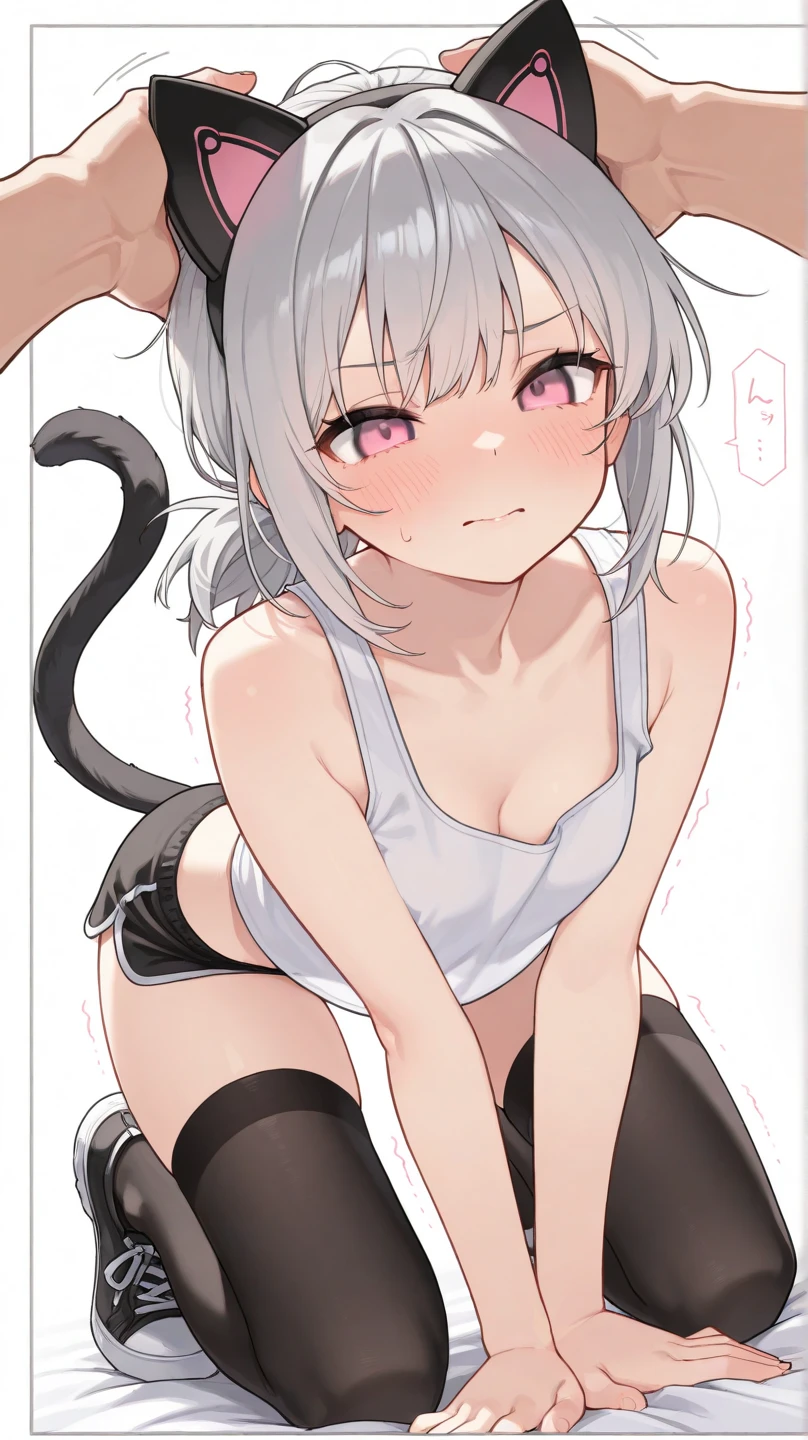 Nude apron,hindquarters,Face away from the camera,whaite hair,Red eyes,Open feet,cat ear,Cat tail,Beth,Look to the lens