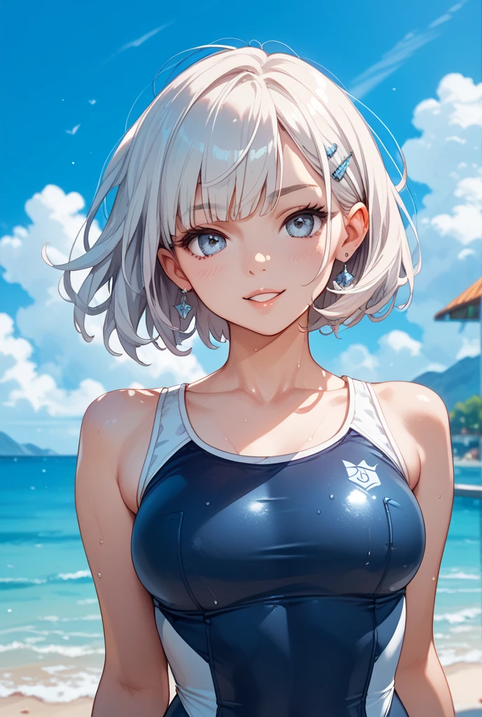 Short white hair, blush, Headbang 2.、cute、Beautiful woman、School Swimsuit、