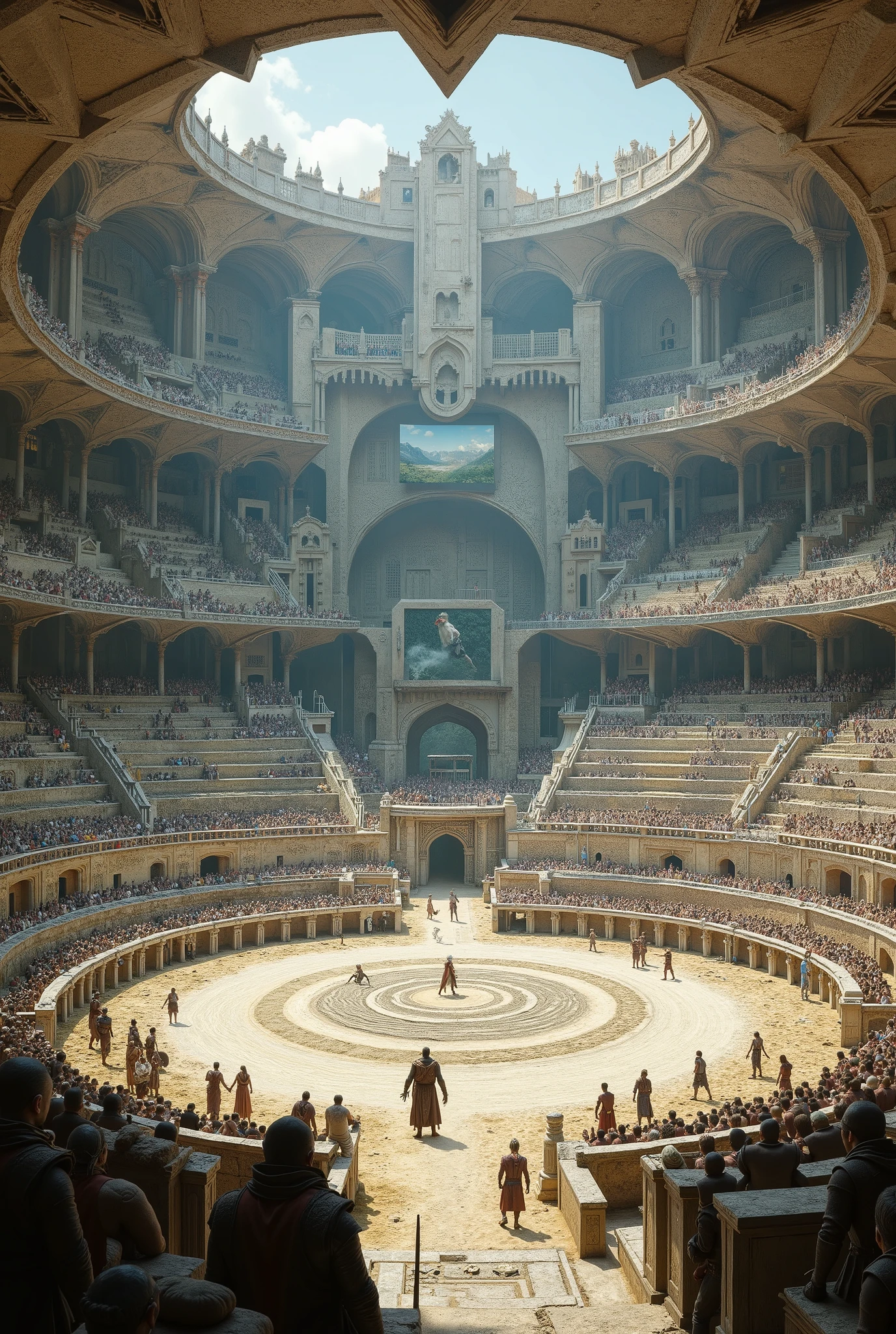 ((medieval sand )), (FULL ARENA RPG), large arena filled with people with a strong muscular orc in the center of the stage fighting a hero, epic tournament medieval RPG battle, 4k, 8k, unrealistic game engine.