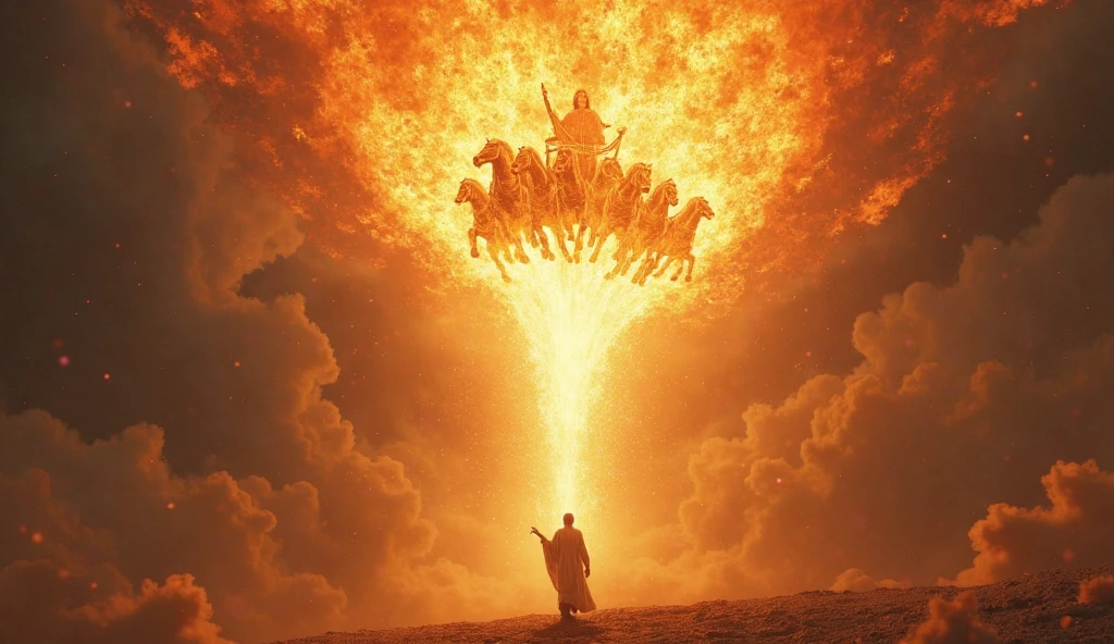 Witness the awe-inspiring sight of the prophet Elijah ascending to the heavens in a chariot of fire, surrounded by a fiery aura and accompanied by a host of angels.