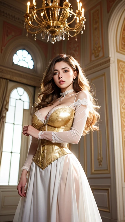 (((cowboy shot:1.5)))photo of a 30 years old nfnr1 ,(facing side head turned Looking at viewer over shoulder,small waist, medium hips, (huge natural breast:1.5) sideboob),(balancing),nsfw,(((A classic, elegant ballroom with chandeliers and gilded mirrors))), ,wide depth of field,( very long ((White long Scrunched curls hair)):1.5) , (realistic:1.5), glossy lips, soft skin, elegant makeup,(naughty face expression), wearing <lora:Outfit_soph-RoccheDress:0.75> dr3ss, bows, cross-laced clothes, (silk (Bright Red and metallic gold ) dress), (embroidered ornate), halterneck, high collar, jewelry, armlet, headdress, (lace trimmed) , frills, cuffs, ribbons, hair bow,