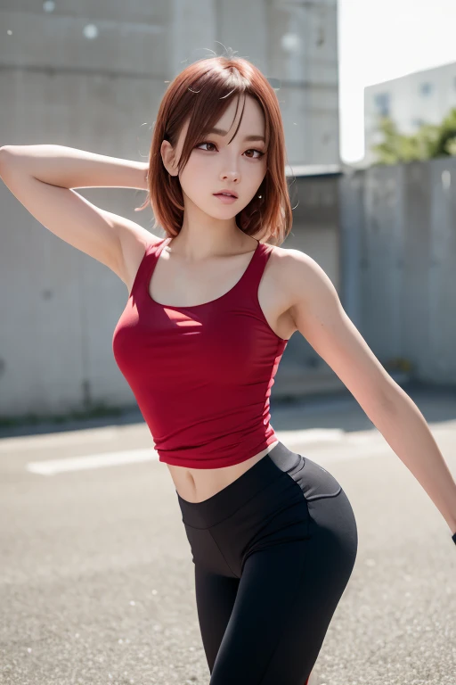 (photorealistic Realism 16K Quality, ultra-fine digital art), (realistic proportional body, anatomically correct:1.3), ((1woman:1.34)), in (sport style(red: running pants), extremely details:1.22), and,, [black: sports crop top], turn back, look at the viewer, back shot, Nice face, Detailed clothing features,Detailed hair features,Detailed facial features,Looking into the camera,,(Dynamic and sexy pose),Cinematic Light,(Highest quality,Written boundary depth,Intricate details,The contrast of light and shadow、The subject appears three-dimensional,) ,Digital single-lens reflex camera, (Realistic),(Picture Mode Ultra HD,) 