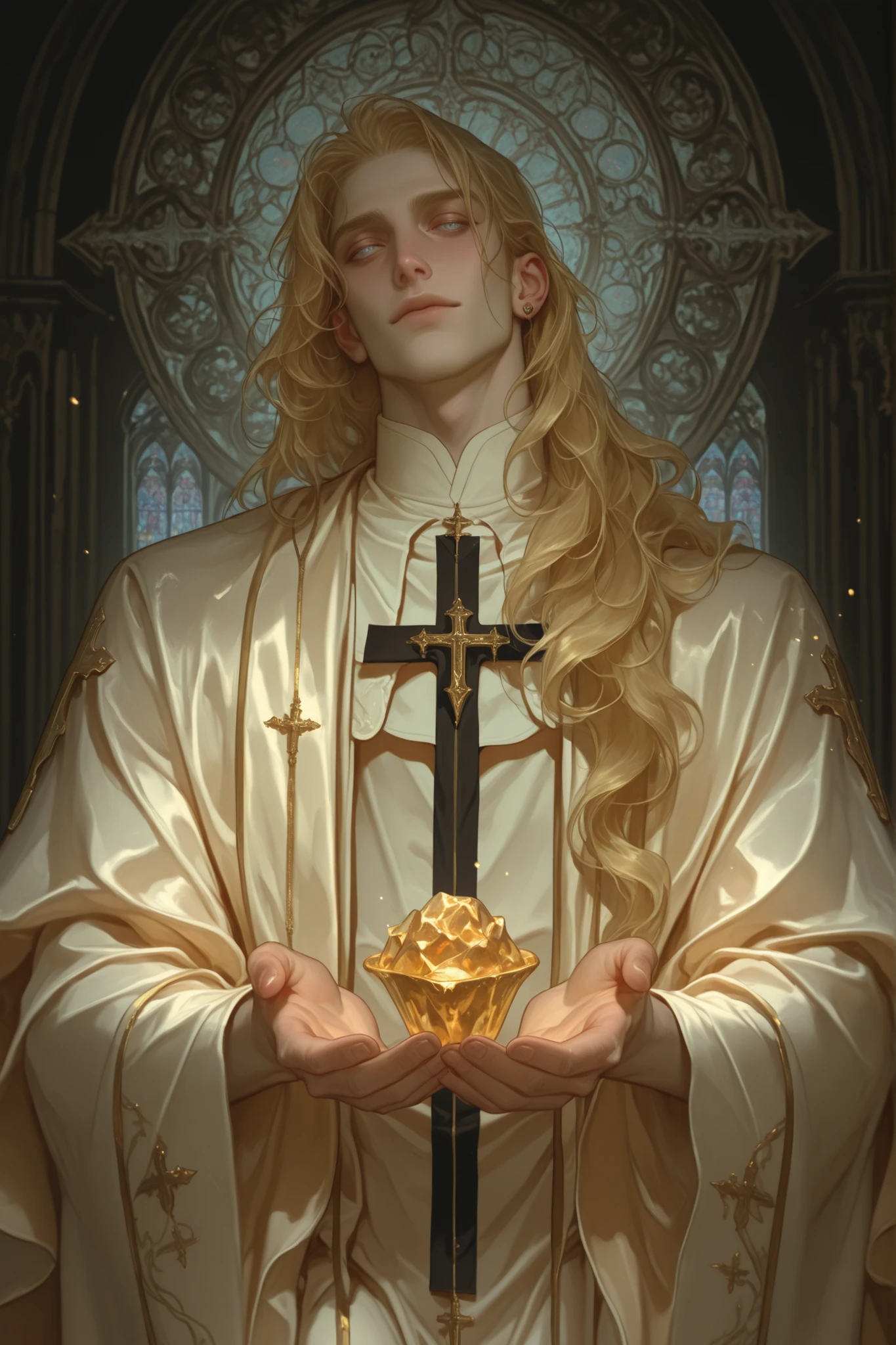 Male, man, solo, tall, slim, slender, golden-blonde hair long wavy silky, piercing ice blue eyes, skin pale and flawless like porcelain, with sharp, angelic features, ethereal, otherworldly beauty, he dresses in flowing white and crimson robes, appearance always pristine, with golden jewelry, hands delicate, commanding, priest, gothic dark church, priest robes beautiful, elegant