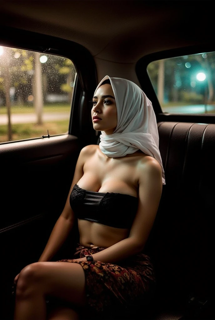 A beautiful high school glasses Arabian 17 years old girl model, white skin, sharp nose, thin lips, circle face, wearing hijab, off shoulder, bangles bracelets, necklaces, swiss polo watch, tight white bra and cloak, black bag, curvy woman, black shoes with heels, sleeping with her mouth wide open, yawning, sleeping sitting on the bus, brown hair, curvy woman, head resting on the seat, short hair shoulder length, eyelids outlined in black, nails painted black, detailed face