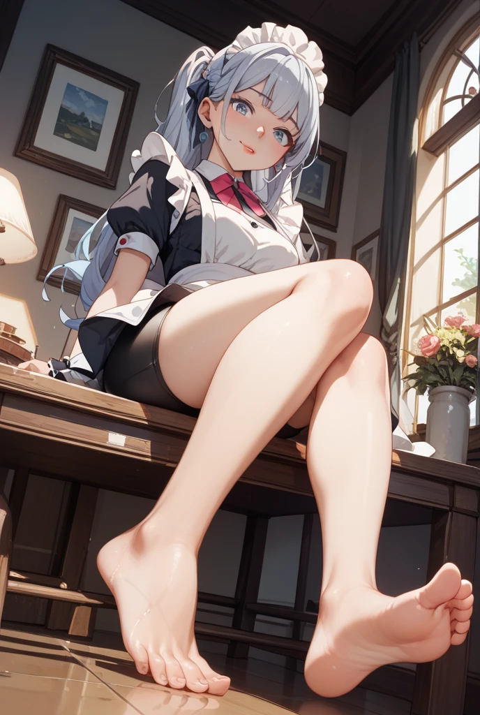 nsfw,beautiful girl,Anime Face,high school girl,Gray Hair,ponytail,steam,(low quality,worst quality:1.4),extra limbs,missing limb,extra digit,fewer digit,missing digit,missing finger,fused fingers,mutated hands and fingers,1girl,sweat,from below,soles of both feet,show the soles of your feet,face forward,stretch your legs,front,sit with legs stretched out,front,blazer,on the couch