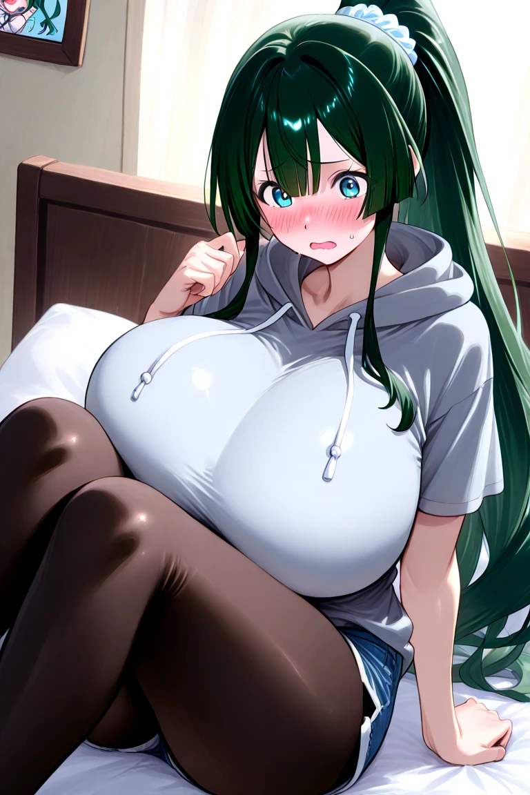 ((NSFW)), score_9, score_8_up, score_7_up, score_6_up, score_5_up, 1girl, solo, green hair, straight hair, long hair, red eyes, glowing eyes, sultry eyes, juicy lips, plump lips, glossy lips, soft blush, dolly face, eyelashes, natural eyebrows, eyeliner, large breasts, thick ass, pale skin, black choker, earrings, black tight shirt, denim skirt, no panties, sitting sexily, spread legs, classroom background, cinematic lightning, very detailed clothes, very detailed face, very detailed eyes, very detailed hair, ultra, best quality, masterpiece, looking at viewer, in love with the viewer, full body.