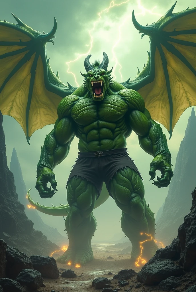 Image of a muscular Hulk wearing a Green Demon Dragon cloak with two dragon horns, dragon wings with a combination of black colors, blue, green. Mata blue menyala, roaring, add scary supporting elements and ornaments. realistic image, ultra realism, perpfect detail. hyper realistic, 4K, UDH. ultra detail, Hyper maximalism, fantasy, badass, very detail, Render Octane. lightning and rain, asap and cloudy skies