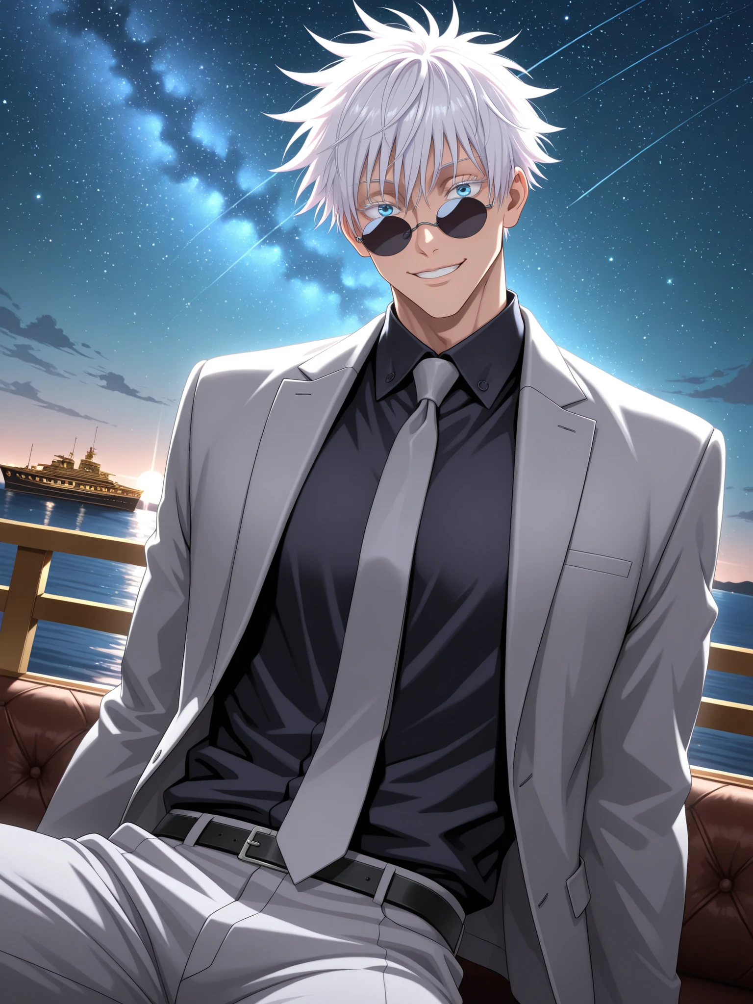 (masterpiece, best quality), amazing quality, very aesthetic, absurdres, highres, newest, HDR, 8K, anime style, cinematic, professional lighting, backlighting, dynamic angle, 1man,adult, male focus, smile, gojou satoru, jujutsu kaisen, blue eyes, colored eyelashes, white hair, short hair, toned chest, sexy man, handsome face, grey suit, black shirt, grey necktie, black sunglasses, on Luxury Yacht, night, gradient sky, stars, moonlight, glittering, shining, glowing