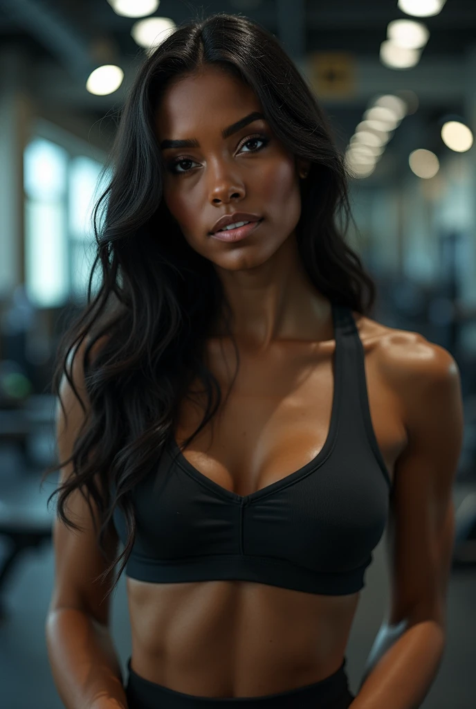 A girl, Lovely, 20 years, Tanned, Long hair, black hair, Brown eyes, Sharp Eyebrows, big lips, delgado, realist, neckline, Instagram, influence, beautiful, Posing, Use clothes, High resolution, ultra detailed, vivid colors, Professional lighting, and the gym, tight sportswear, with hair up and headphones.