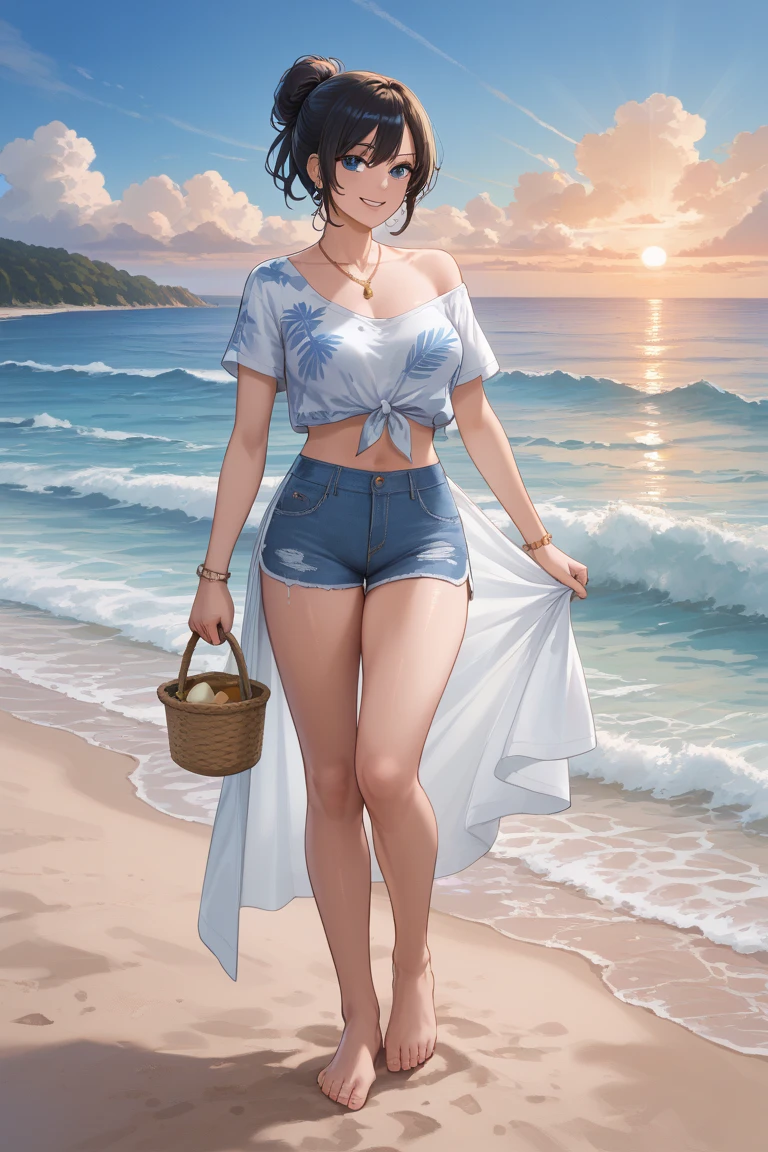 A woman standing by the water’s edge, whether on a serene beach or by a sparkling pool. She’s wearing an effortlessly chic ensemble, such as a stylish one-piece swimsuit or a flowy, elegant cover-up. She accessorizes with a wide-brimmed sunhat, oversized sunglasses, and a lightweight, sheer sarong or beach wrap. A pair of strappy sandals or espadrilles and a sophisticated beach bag complete her look. The background includes the calm waves, sunlit sand, or the poolside’s sleek design, enhancing the relaxed yet fashionable vibe.