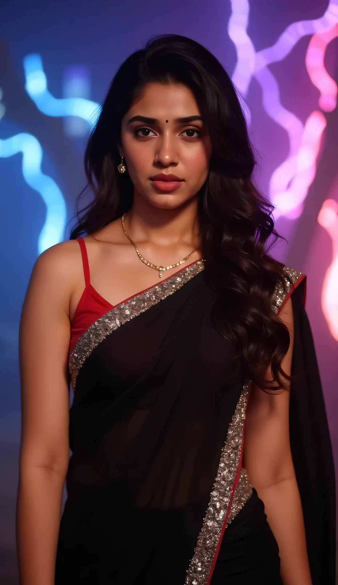 Generate a close up front image of a woman in a black color sleeveless saree. She is wearing a designer red blouse with back straps. It has no sleeves, has a silver satin finish with spaghetti straps. Face and body facing straight at the camera. She is giving a sexy, bold and seductive look. She is wearing gloss red lipstick, kajal and bangles. Left side of the blouse is fully exposed to the camera. The saree is worn in a way that exposes her waistline slightly. She is wearing a gold necklace and small peral bindi. The background is colourful, a night full with lightning like avatar movie