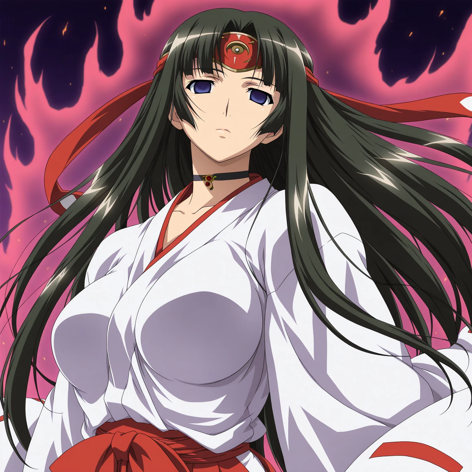 ((best quality)),((highly detailed)),masterpiece,absurdres,detailed face,beautiful face,(detailed eyes, deep eyes),1girl,((dynamic pose)) <lora:YuukoV1:0.7>Yuuko, solo, breasts, japanese clothes, long hair, cleavage, large breasts, miko, purple hair, triangular headpiece, black eyes, kimono, collarbone, upper body, bangs, hime cut, parted lips, blunt bangs, white kimono, medium breasts, lips, smile, full body, forest , at distance, night, darken , (red glow:1.5) , (red moon:1.4)