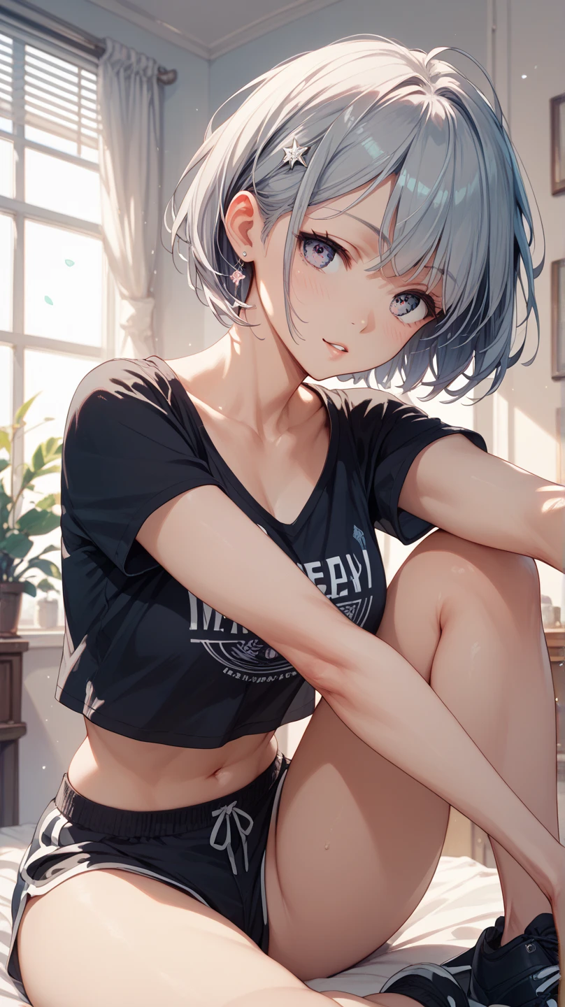 ((((highest quality)))), (((Ultra-precision CG 16K))), (((masterpiece))), (((Very detailed))), (((Extremely detailed))), (((Black outline:1.3, Written boundary depth:1.3 , Written soft outline, sharpness))), Maximum clarity and sharpness, Multilayer Texture, Surface Shading, Cinematic lighting, Beautiful details sparkle ,Perfect Proportions, Limited to one woman, BREAK accurate, Anatomically correct, Highly detailed face and skin texture, drawn in detail, Highly detailed facial and skin texture, Detailed eyes, beautiful hair, Beautiful Japanese Idol face, Beautiful and beautiful eyes, Beautiful body, Beautiful breasts, Beautiful thighs, Beautiful legs, Beautiful fingers, (Beautiful views) , skinny body, ((Beautiful Skin)), ((Skin Texture)) BREAK breast enlarged, medium Breasts, rocket breasts, (((perky breasts))), (covered nipples), slender waist, ( narrow eyes, blush, determined expression, hot, sweaty , Heavy breathing,) , (streaked hair, hair intakes, colored inner hair, ) BREAK (((wearing oversized character printed sexy tank top, wearing outfit in casual way, wearing pleats mini-skirt, breasts is covered by outfit))) , wearing earrings, BREAK ( stick breast out),(((looking at viewer, super detailed background , ))), BREAK (((portrait , close-up, bust-up shot, looking at viewer, bending over, on all four, sitting and holding her knee)), (natural make), random angle, random situation , pinup magazine pose