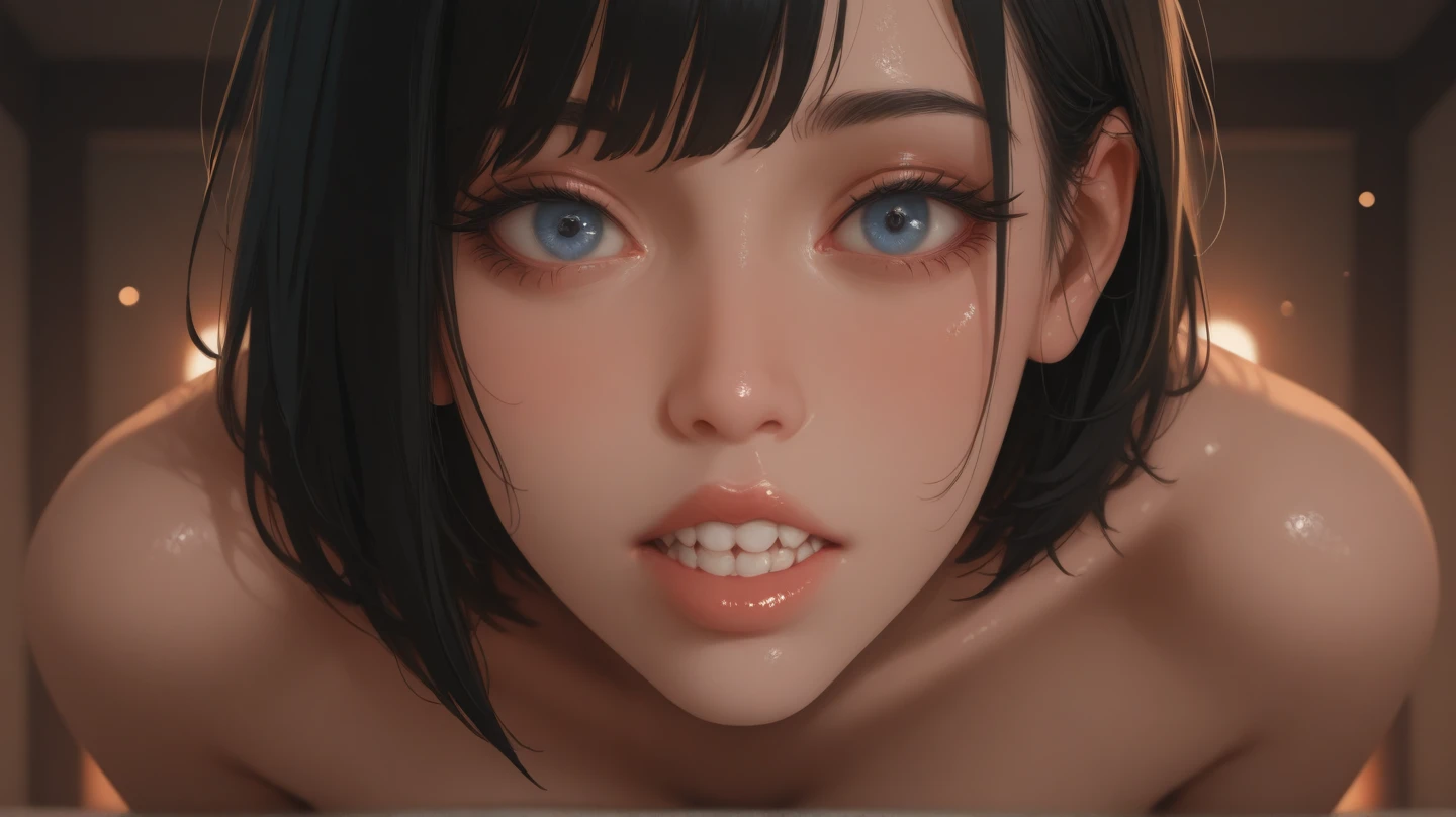 mavis, 1 girl, beautiful, Brown hair, short, portrait, Sweet, Alone, looking at the viewer, hair ornament, bow, nudes, pussy nasty wet, breasts visible