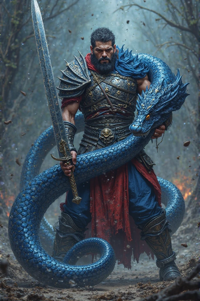 Create a black and white Viking pointillism tattoo that could represent a warrior in a determined stance, holding a sword that pierces a serpentine figure or stylized dragon, representing Fafnir. The dragon figure could be enveloping the warrior, showing the internal and external struggle that Sigurd faced. Instead of focusing on the violence of the battle, The tattoo could symbolize Sigurd's transformation through elements such as wings, leaves or runes emerging from the dragon or the warrior himself, indicating the new knowledge and power he acquired.