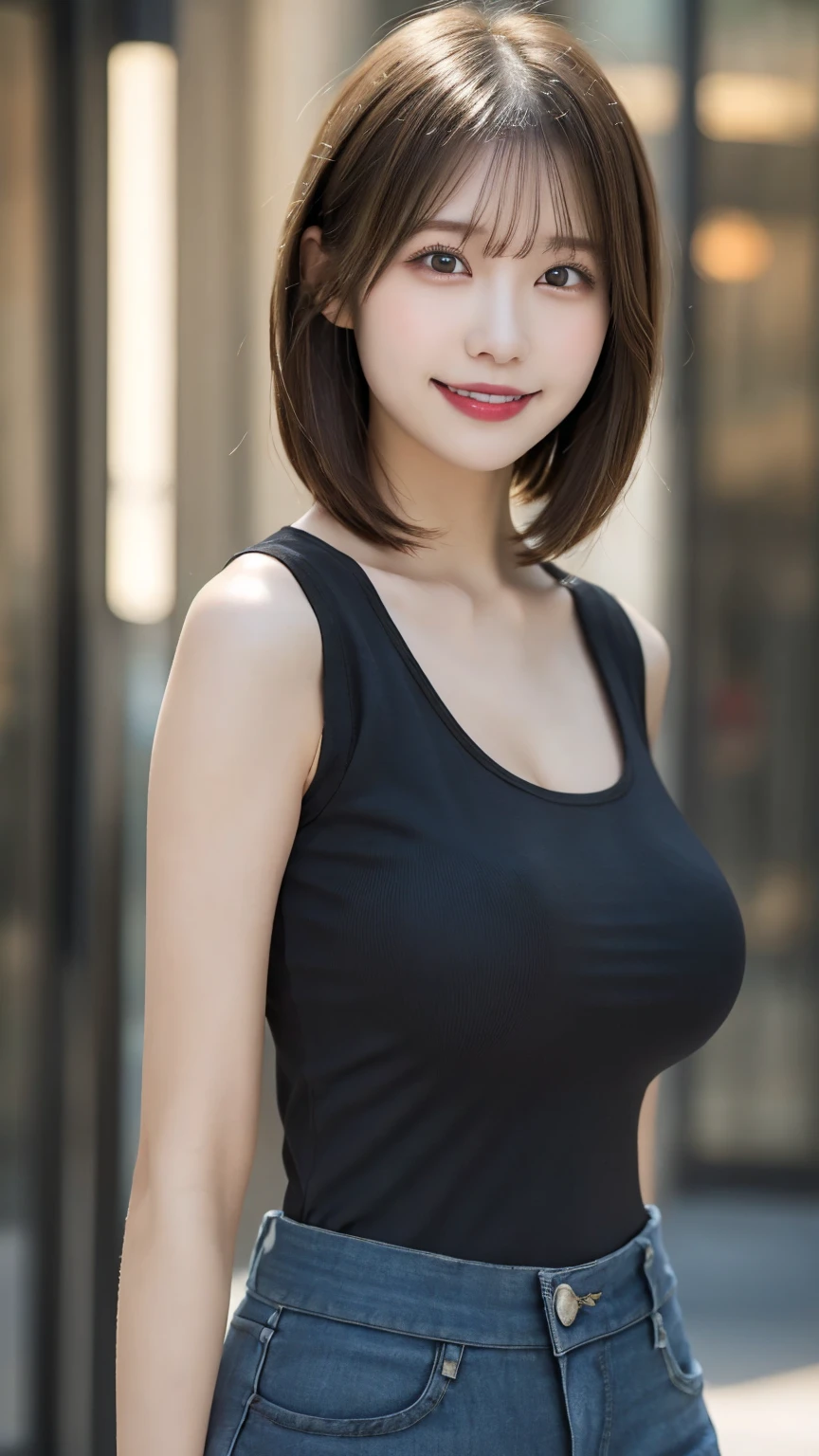 ((Midnight, Best Quality, 8k, Masterpiece :1.3)), Full body, Long legs, Sharp Focus :1.2, A beautiful woman with a perfect figure :1.4, ((Short dark brown hair, :1.2)), (36D big breasts, crop top with crop top, low-rise pants, eight-pack abs, very strong figure), Highly detailed face and skin texture, detailed eyes, double eyelids, smile