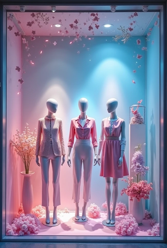3 mannequins with youthful outfits in pastel tones for girls 