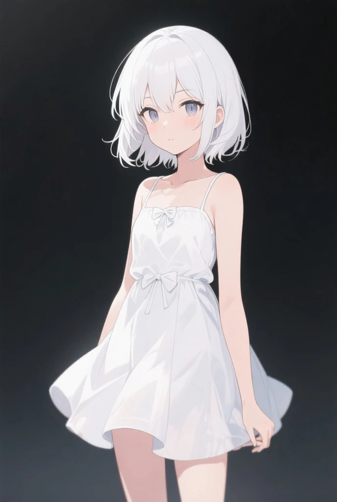 (1girl,8 years old),solo,white hair,short hair,wolf ears,white shirt,sleeveless,whiteshorts,cowboys shot,(white background,line drawing),from back,standing,upper a hand