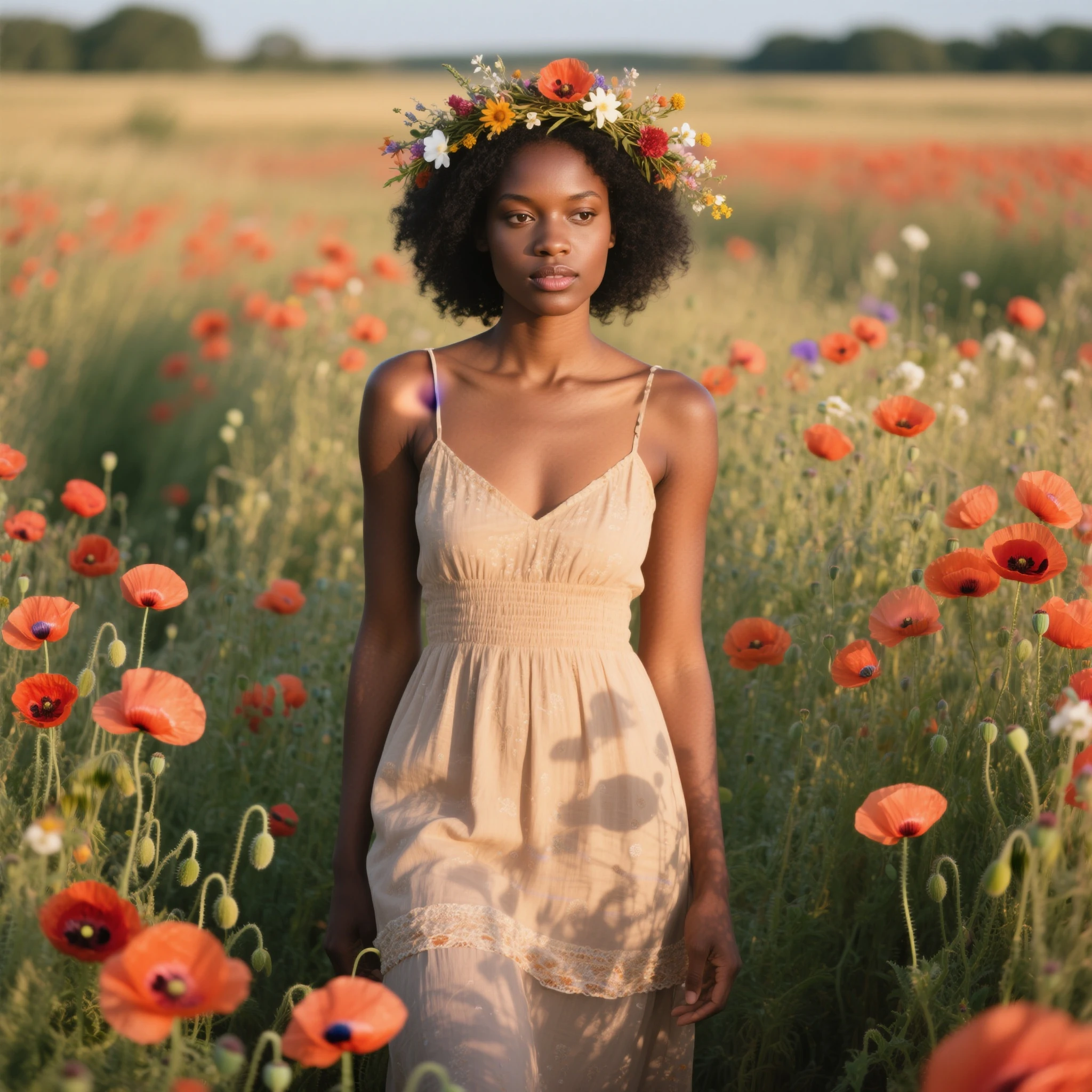 Black woman without showing her breasts in a white dress with red flower landscapes