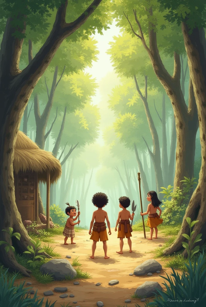 create an illustration of a prehistoric scenario, where people lived in caves, wore clothes made from animal skins and hunted to get food, this image must be cute pixar style for a children's story book, with people walking through a forest for thousands of years. they hear the wind blowing gently through the trees, birdsong and the sound of water running through a stream