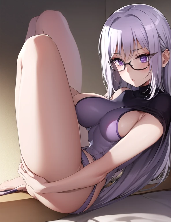 photorealistic, (hyperrealistic)+, Woman, 25 years old, (1girl)+, (solo)+, fully naked, nude, white hair, purple eyes, (big breasts)+, completely naked, pussy free, hairy pubic, (spread pussy)+, (sweat)+, silver frameless glasses, fox ear, furry, lying on bed, spread legs, bending up legs, anal plug sex toy