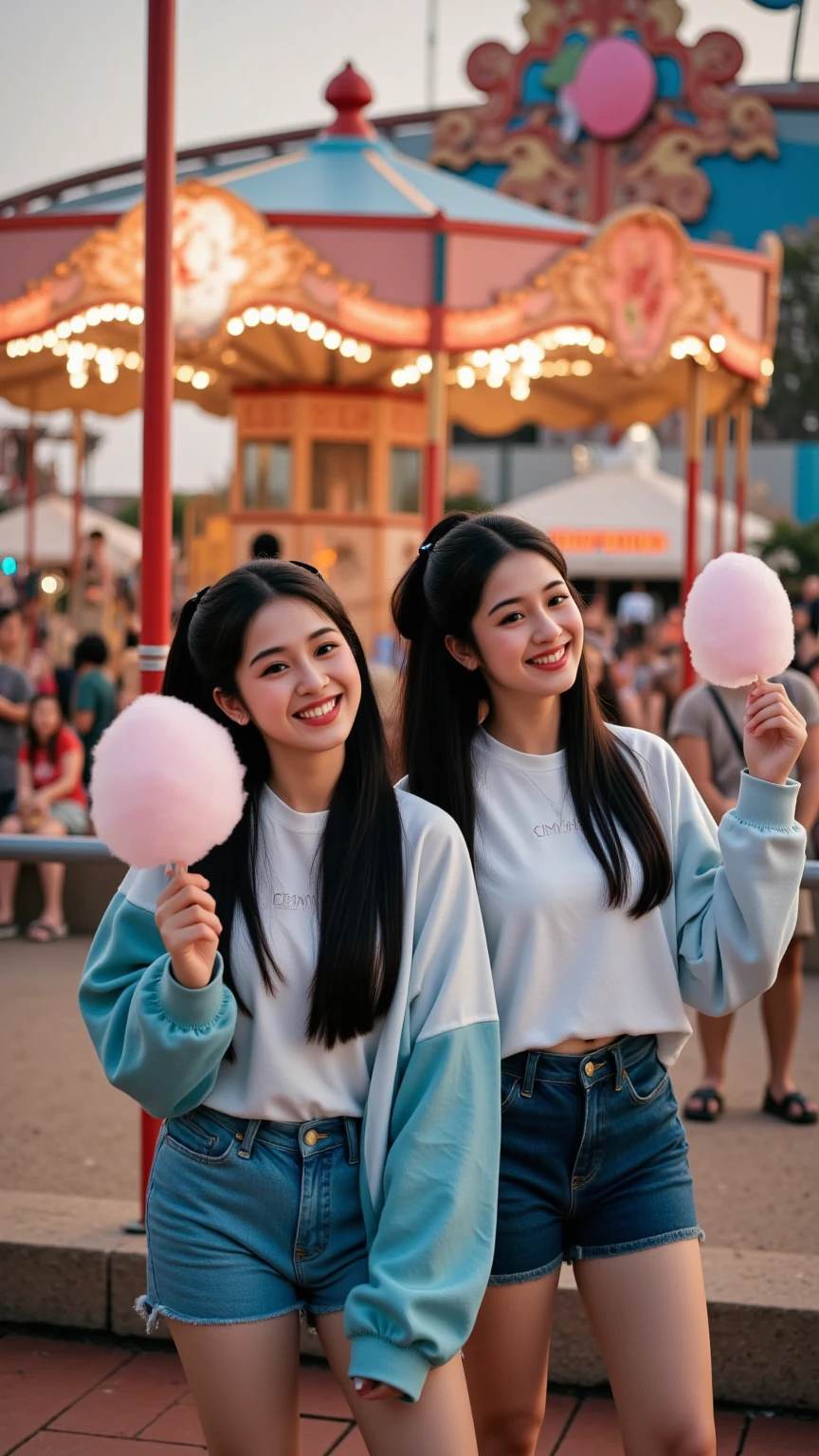 ultra-high definition， Realistic Rendering ，Fujifilm simulation， 22-year-old twin sisters play in the amusement park in contrasting sweatshirts and denim shorts， The older sister holds a cotton candy to tease the camera， The younger sister closes her eyes and laughs as she reaches out to grab， Fluffy ponytail follows the action， Mascara smudges to create a natural smoky eye， A close-up of the two people in front of the carousel， The background blurs out the neon sign and balloons， The warm light of dusk renders the skin soft-focus，Canon R6 portrait mode， Motion blur enhances vividness