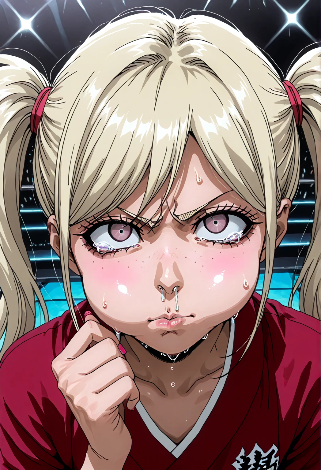 Screenshot of My hero academia girl with long wavy blonde and white hair, tired lilac almost white eyes , with a penetrating gaze , big lips and vitiligo in hair and full body, with a serious but friendly expression and wearing the UA uniform