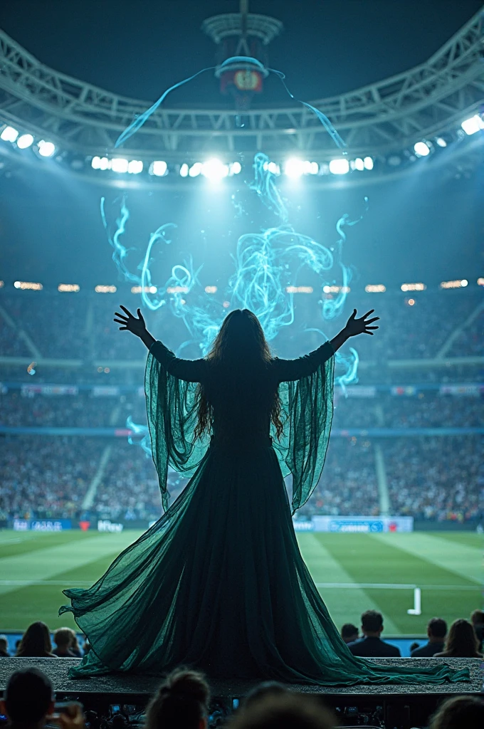 Image of Sadako wearing white clothes and VR goggles scoring a goal in soccer. Adding horror elements to brighten the surroundings a little. VR goggles