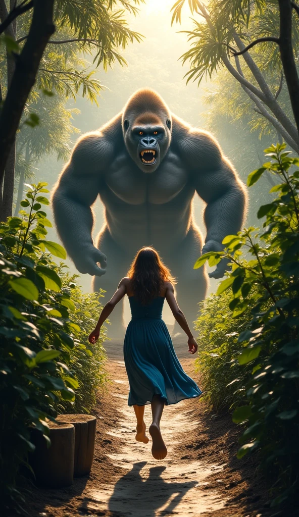 beautiful woman walking with a king kong,put on his shoulder