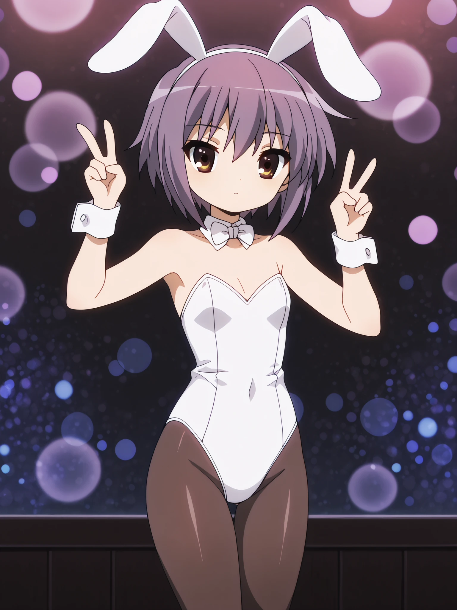 Score_9, Score_8_up, Score_7_up, source_anime BREAK 1girl, looking at viewer, cowboy shot,
niahonjou, nia honjou, short hair, blue eyes, gray hair, playboy bunny, white leotard, black pantyhose, detached collar, fake animal ears, elbow length gloves, white gloves,
medium chest, curves, smile, thighs, naughty face, blush, lips, standing, hair adjustment, teeth,
indoors, stage, casino, stage lights,