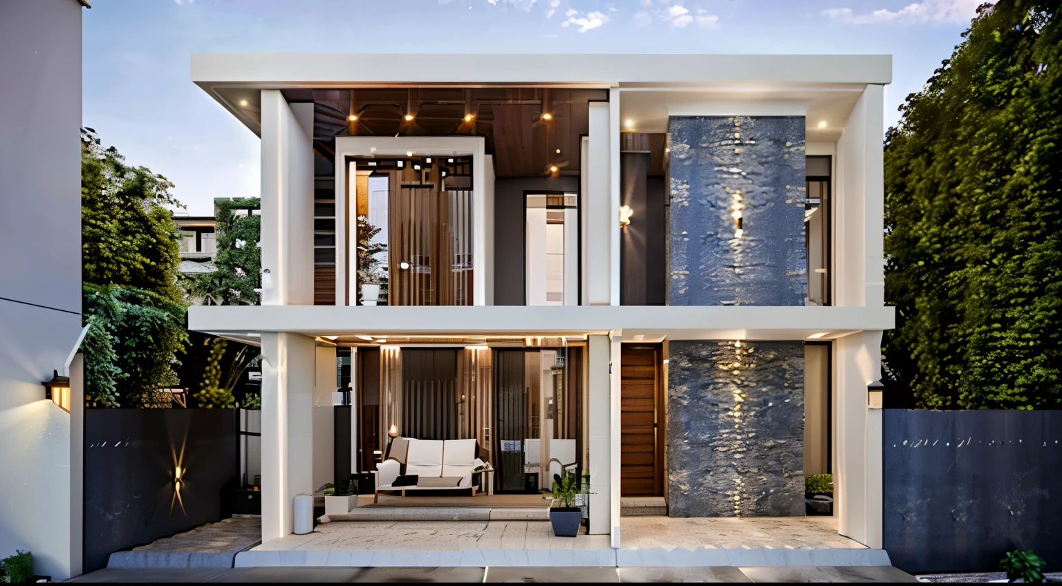 (Townhouse in city ,close houses and trees), daylight ( best quality) ((high solution)) ,(( photo realistic)) ,warm light, (sharp focont view of townhouse in style of modern,small house, Narrow area,VietNam,facade, curved arch,beautiful facade,curved windown,narrow and long ,two-storey,mutual colours, soft lighting, warm atmosphere,high Resolution, hyper detailed,4k ,vray render, octane render, hyper realistic, photography expert ,exterior design , professional photography, exterior photography,wide-angle shot , ultra detail , high Resolution , full frame, full body