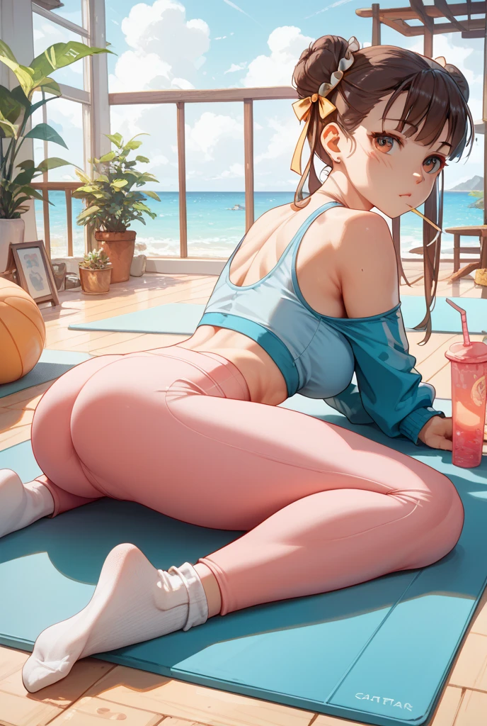 girl  sleeping、22 years old、realisticlying、She wears long pants、Wearing a pink swimsuit、Has brown hair。the beach、 Rat trail section