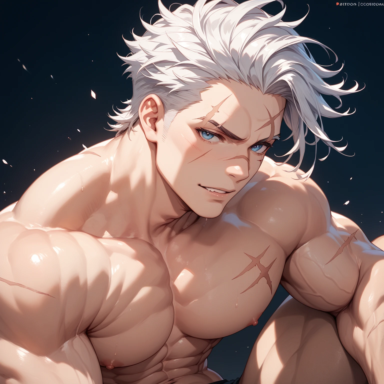 ((best quality)), ((Masterpiece)), (details), perfect face, high resolution, Masterpiece, 4k, clear details, Beautiful face, tanned skin, perfect body, male body, strong muscles, belly, blue eyes, tanned skin, The most beautiful man in the world the world, handsome, The coolest face, Male characters, close-up (1 person, shirtless), adult man, mischievous smile, Incredibly muscular tall man, open eyes ((detailed eyes)), huge, muscular body and massive, bulging pectoral muscles, muscular abs, narrow waist, long straight platinum hair, blue eyes, gentle big eyes, carefree expression, clean face, beautiful (detailed face, perfect face) ((extremely realistic shadows, bodybuilding pose, man, ((adult male)), V-shape, sports shorts, athlete, shirtless, Sunlight, street wall, underwear, topless, close-up, computer graphics, Textured skin, best quality, Storytelling images, lower your pants, show the panty line, long straight platinum hair is best.