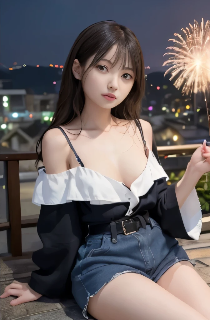 best quality, detailed, beautiful, insanely detailed, absurdres,perfect anatomy,
Japanese woman,black hair,27 years old,
(slender),
(small breasts),
Rooftop, delightful, sitting, curly hair, blue off shoulder, white shorts, japanese, with fireworks, at night, (full body shot:1.2), front view, dutch angle shot