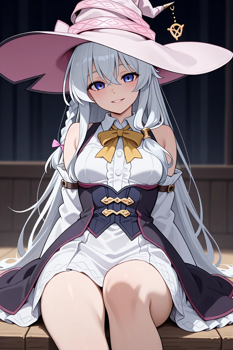realistically, longhair, silver hair, brown eyes, glowing eyes, white short skirt, super shot skirt, Blush, daytime, Wet from the rain, see through, sleeveless shirt, nipples, M leg, pussy, crotch, very young, sweet smile, Sit with your knees raised., windy, elaina, the skirt is turned up, hand pulled skirt up, masterpiece, highest quality, very High resolution, (detailed and beautiful eyes), highly detailed face, perfect lighting, Very detailed CG, (perfect hands, perfect anatomy), witch