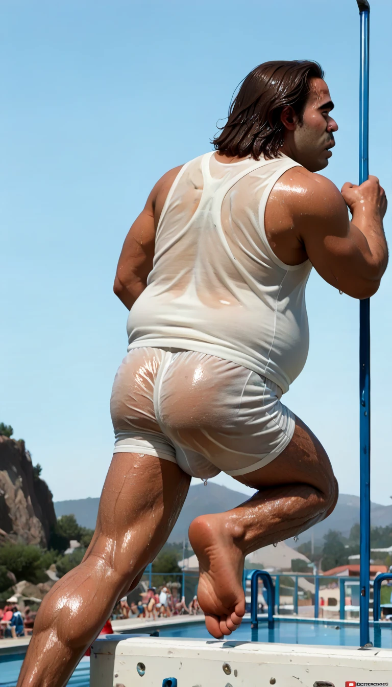 full body view, a big large fat over-muscular obese male Scott Porter looking like as a pig with golden rings, blond undercut haircut, white lycra suit, white socks, no shoes, with a snout pierced with a large gold ring, all muscles over-inflated hyper-developed, laying hardly crawling deeply rolled into mud, hi-res, view of his back