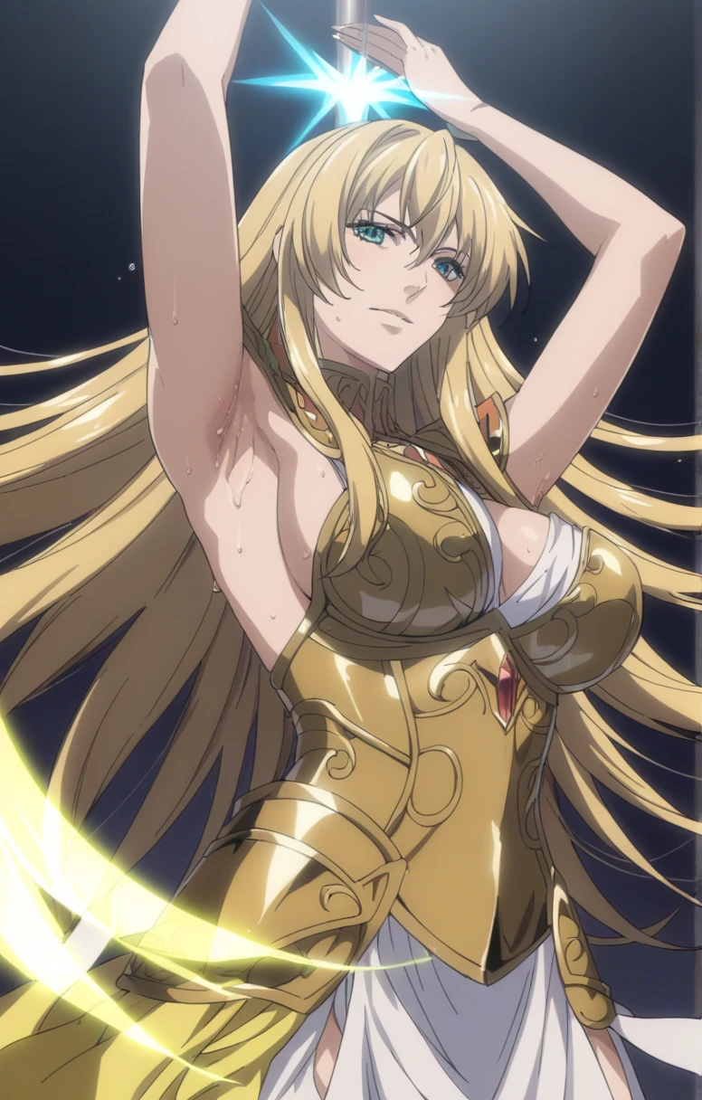 Girl, flowing golden blonde hair, yellow eyes, golden imperial outfit, neckline, anime, the background is a clear sky with twinkling lights, dynamic angle, arrogant laughter