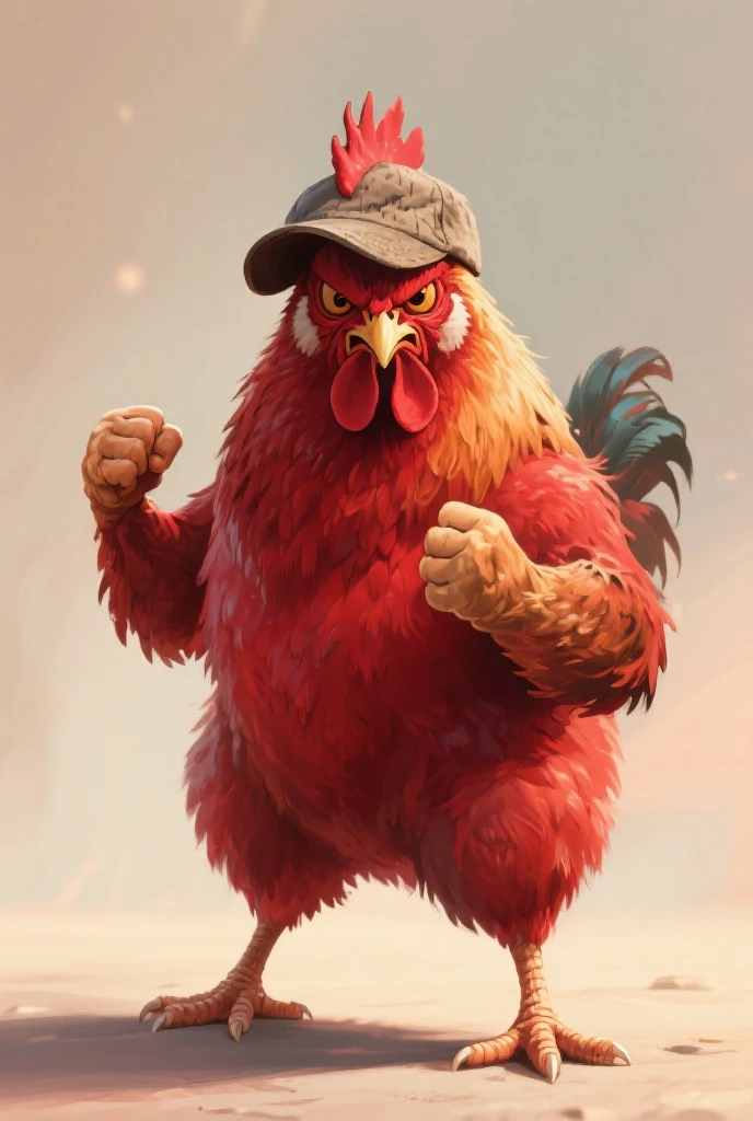 illustration of a caricature of a fat rooster, with a cigarette in his mouth, scars on his face, cracked beak, grumpy face, rich in details, 4k, front angle --auto --s2