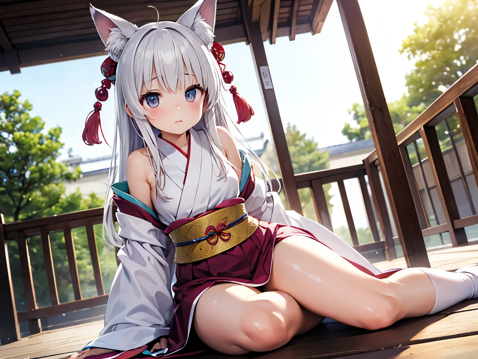 Look away。Turn away。Cool Beauty Fox Princess。Relax in a reclining chair with your legs stretched out。kimono。Big Breasts