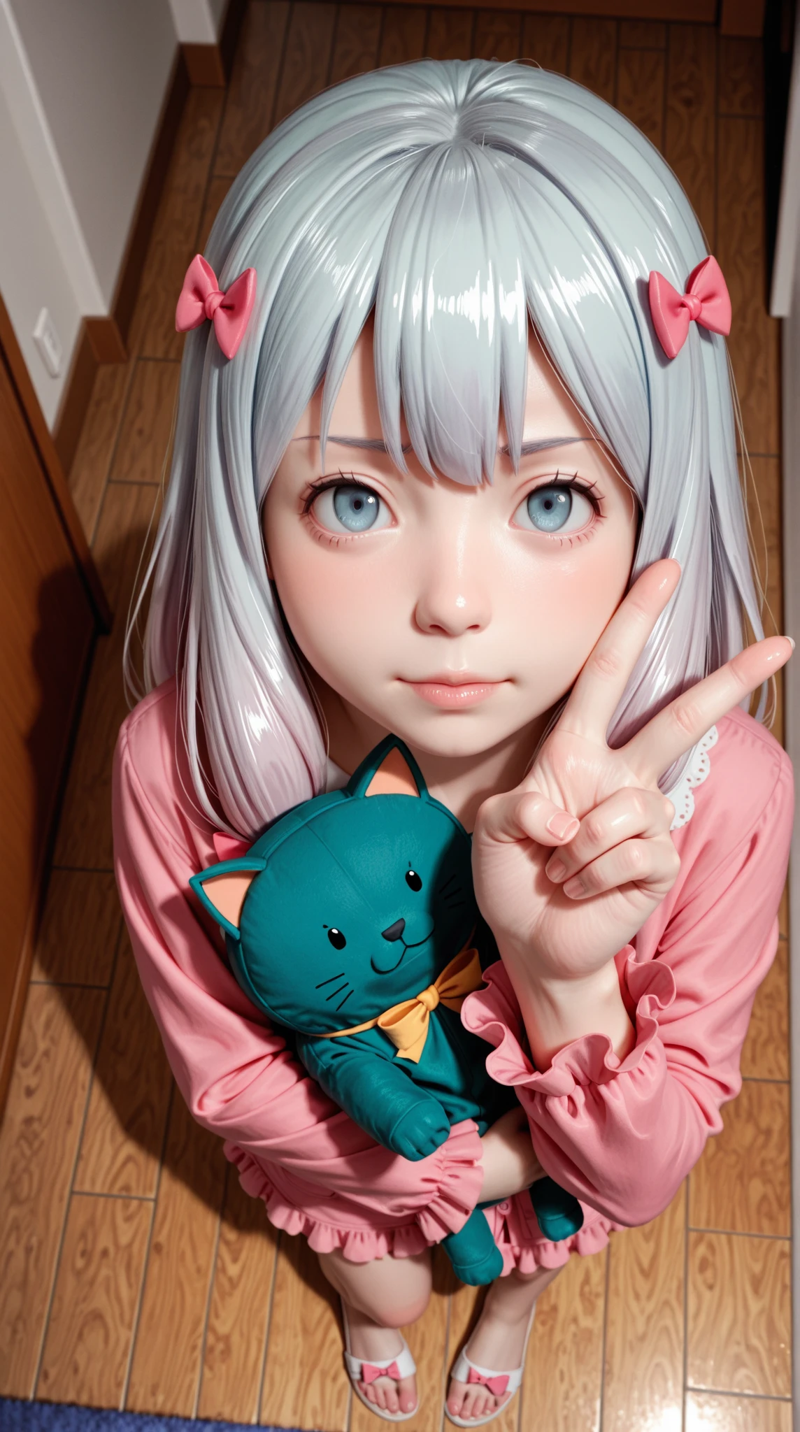 5years old An anime girl with pink hair and green eyes、Pointing something with a surprised look and a black cat hat、(1girl in:0.992)、(:d:0.583)、(bangss:0.701)、(red blush:0.584)、(verd s eyes:0.992)、(Look at viewers:0.711)、(Opening Mouth:0.760)、(A pink-haired:0.917)、(bow ribbon:0.826)、(shorth hair:0.571)、(a smile:0.855)、(独奏:0.949)、(tusk:0.770)、 (The upper part of the body:0.760)