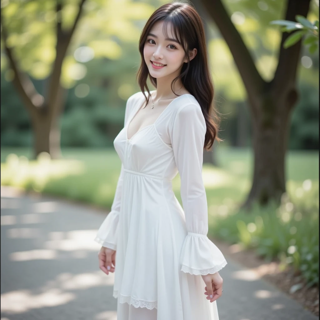 masutepiece, Best Quality, 8K, 1girl in, 14 yo, Raw photo, Professional Photography, Portrait, Soft light, Professional Lighting, Solo, relax, Calm, Smile, Cute, Girly, Goddess, Delicate girl, Neat and clean beauty, Digital SLR, Looking away, Sophisticated, Film grain, (Eyes and faces with detailed:1.0), cherryblossom