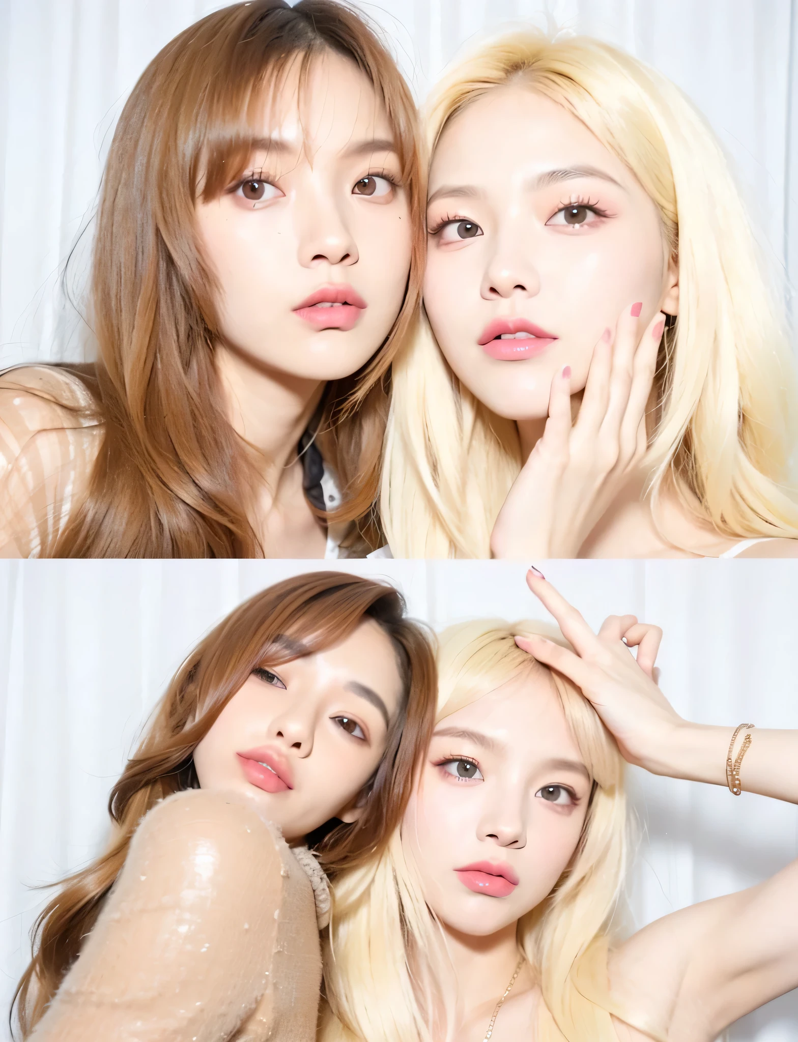 Close-up of a woman with long blonde hair, Lisa de blackpink, Retrato de Lisa de blackpink, Jennie the Blackpink, wongyoung de ive, Nariz de Lisa de blackpink, ive wonyoung lips, South Korean popular makeup, wongyoung de ive, Retrato Lisa de blackpink, pastel pink skin tone, Lisa de blackpink, blackpink jennie popular korean makeup.