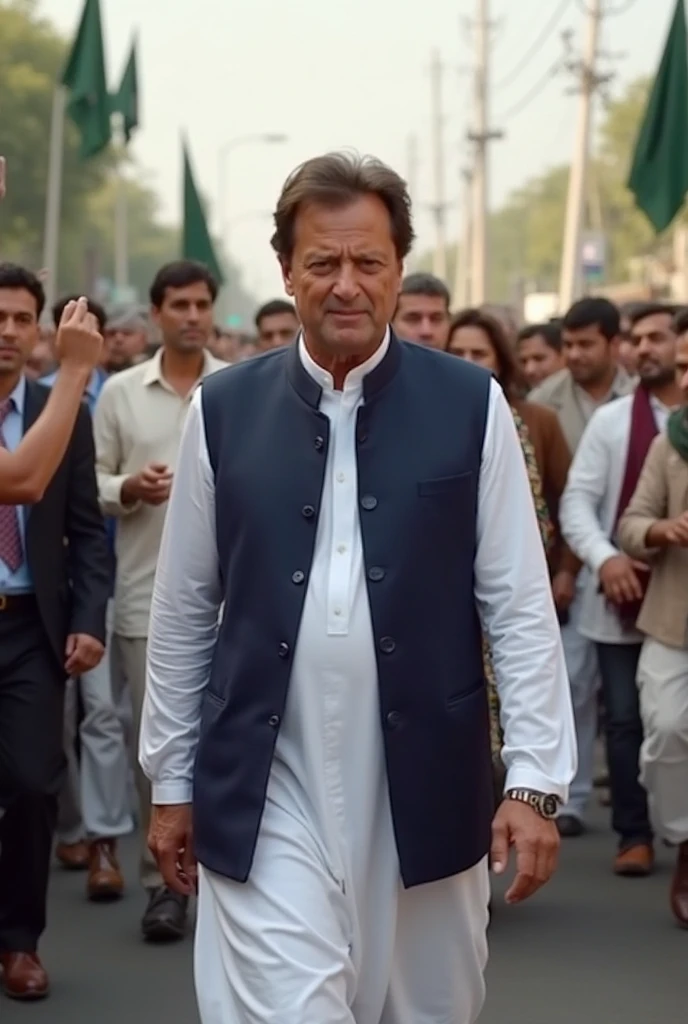 Pakistan Tehreek-e-Insaf Chairman Imran Khan was accompanied by a policeman on the stage of the meeting hall surrounded by green and red flags