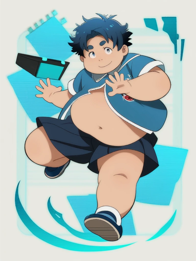 Full Body Blue, Body Noise-Sensing, as a computer folder, Wearing School Uniform, chubby , cute, with a big belly to reveal clothes, junior high school student, Fatty, No Glasses , With hair, Overweight, Big belly, anime style