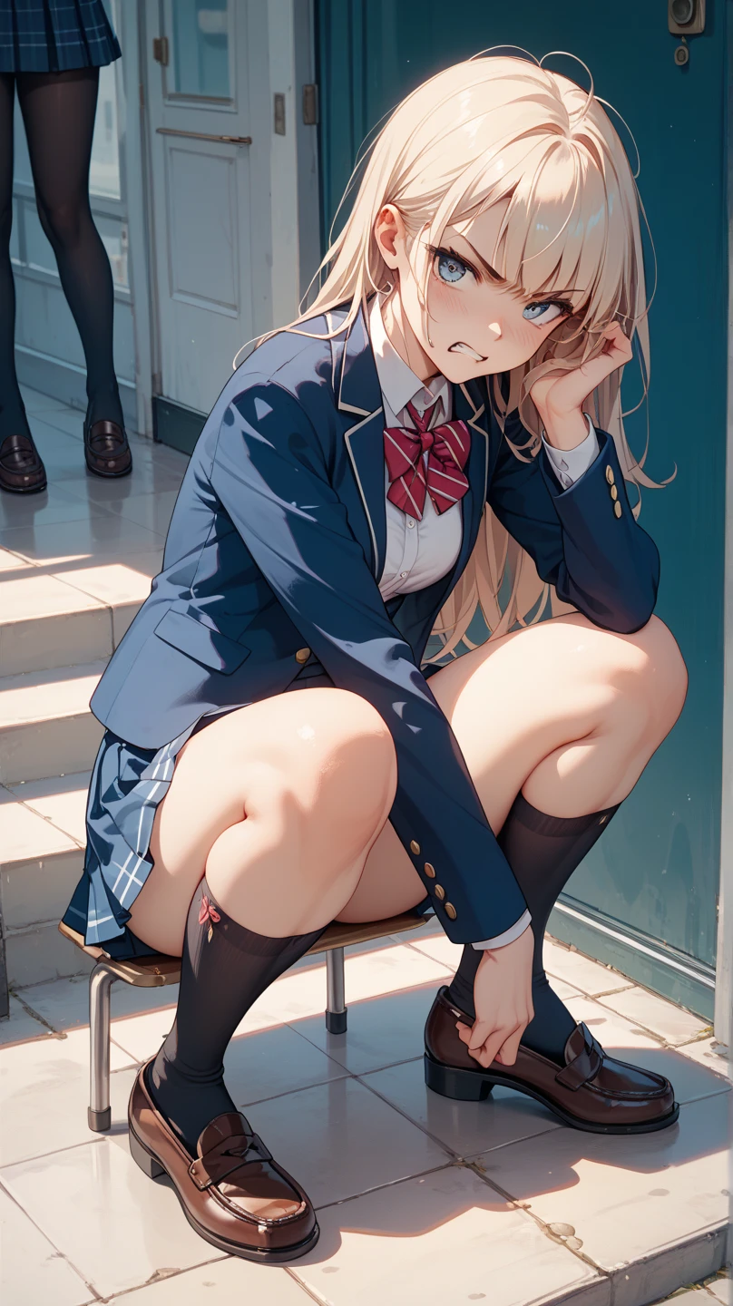 1garl、school uniform、Sit on the stairs、Open your legs a little、