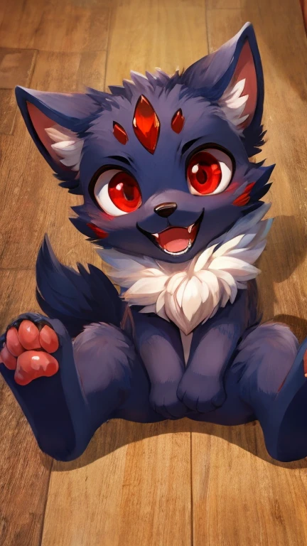 furry, anthropormorfic white fox with black trim and red eyes full body lying on the floor